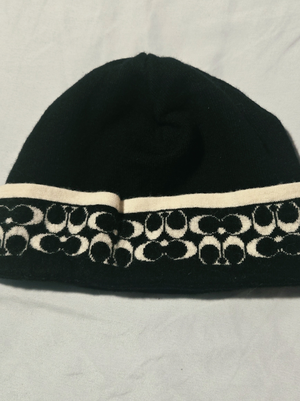 Coach Black Beanie with Cream Signature Logo Band